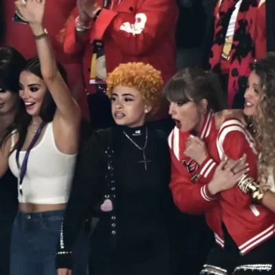 Ice Spice and Taylor Swift with friends at 2024 Super Bowl